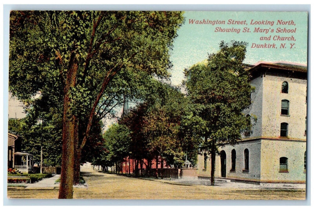 c1910 Washington Street North St. Mary's School Church Dunkirk New York Postcard