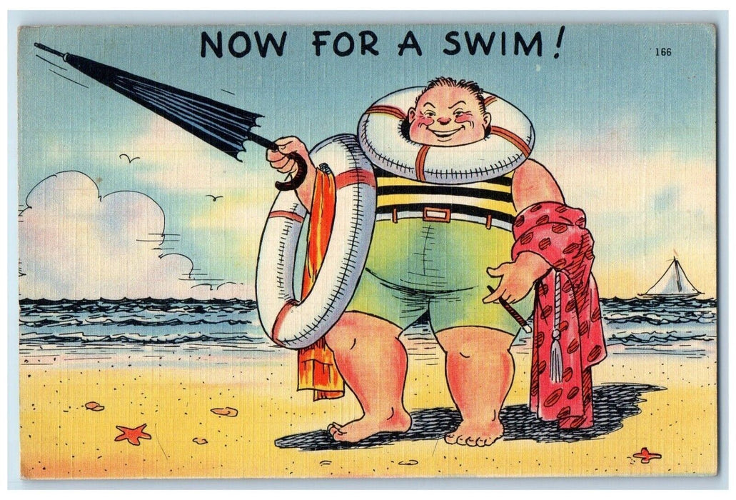 c1910's Fat Man Swimming Cigar Umbrella Boat Now For A Swim Antique Postcard