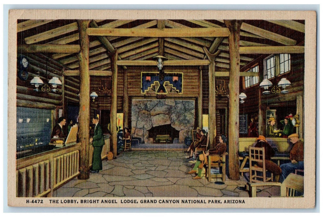 The Lobby Bright Angle Lodge Grand Canon National Park AZ Fred Harvey Postcard