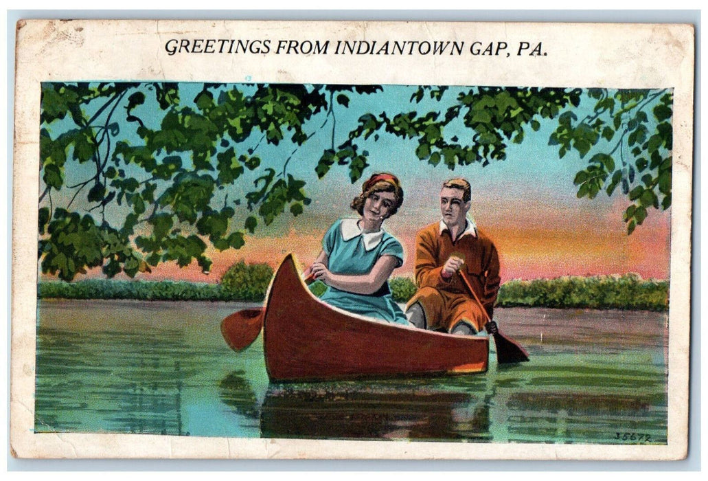 1934 Greetings From Indiantown Gap Pennsylvania PA, Boat Canoeing Scene Postcard