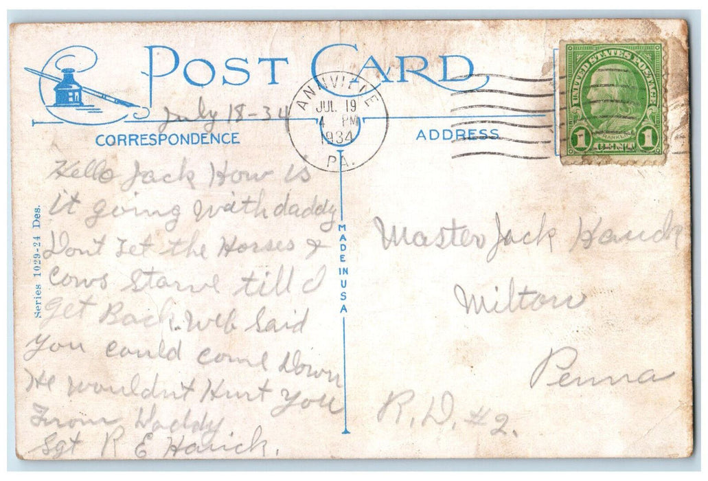1934 Greetings From Indiantown Gap Pennsylvania PA, Boat Canoeing Scene Postcard