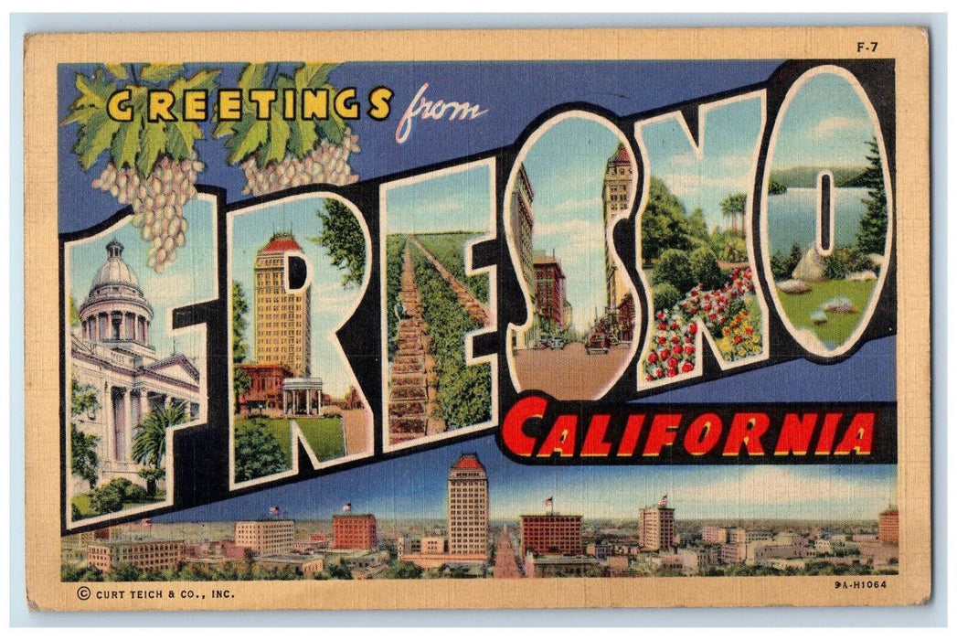 1942 Greetings From Fresno California CA, Big Letter Soldier Mail Postcard