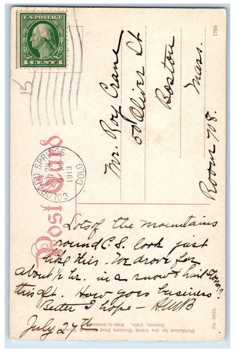 1913 Collegiate Range Mts., Princeton Harvard Yale Colorado Springs CO Postcard