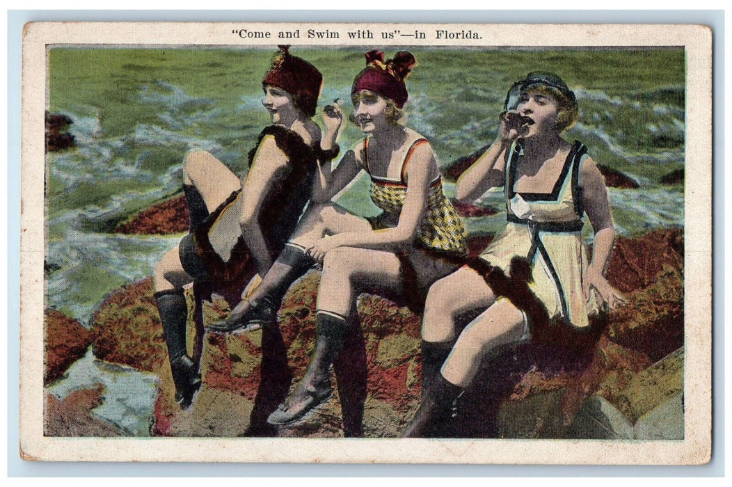 c1910's Come And Swim With Us  In Florida FL, Pretty Girls Scene Postcard