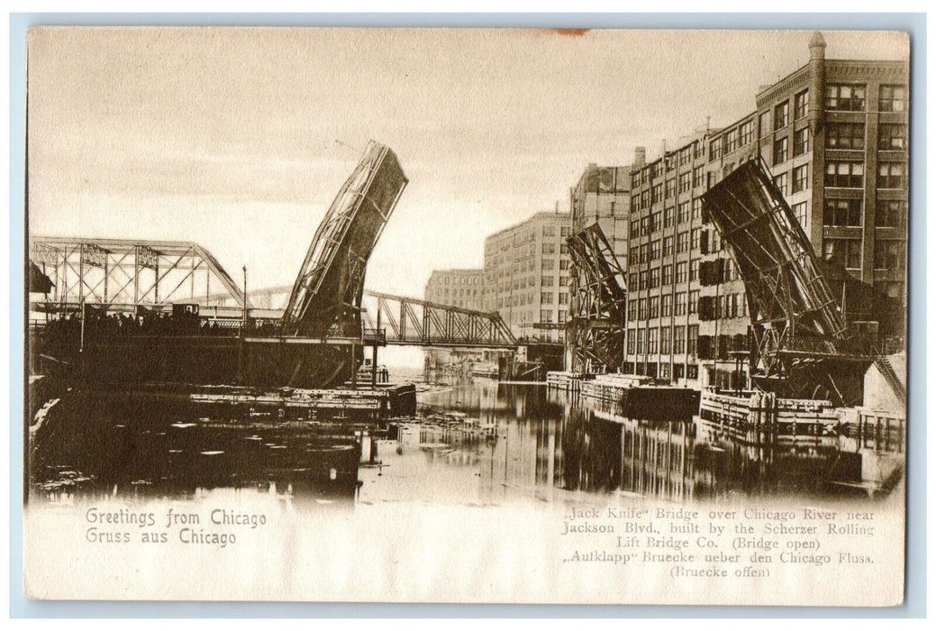 c1905 Greetings From Chicago Illinois, Jack Knife Bridge River Scene Postcard