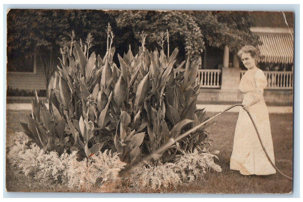 c1910's Gardening Water Hose Candid Woman Plants Housewife RPPC Photo Postcard