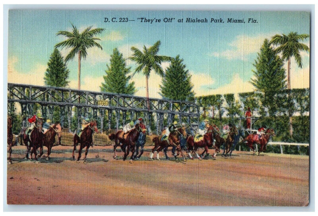 1947 They're Off Hialeah Park Miami Derby Horse Racing Florida Vintage Postcard