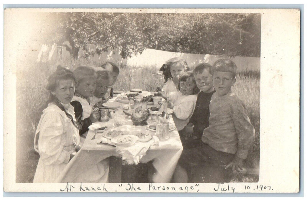 1907 Children Picnic Baby Boys Girls Parsonage Church RPPC Photo Postcard