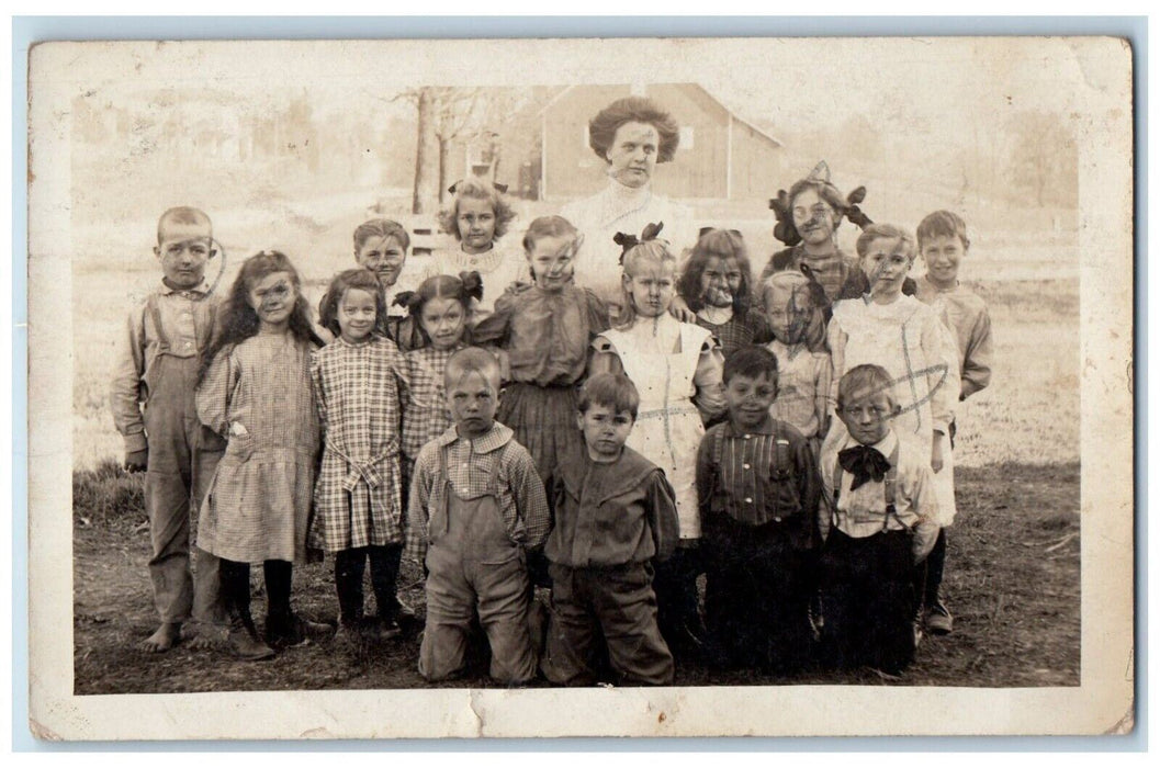 c1910's School Children Students Boys Girls Teacher RPPC Photo Postcard