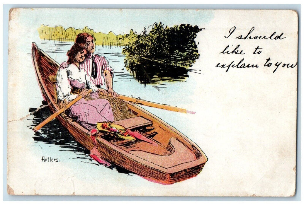 1905 Sweet Couple Canoeing Boat River Antlers York Pennsylvania PA Postcard