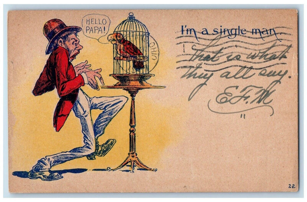 1907 Shocked Man Parrott Bird Cage Write Away Cleveland Ohio OH Antique Postcard