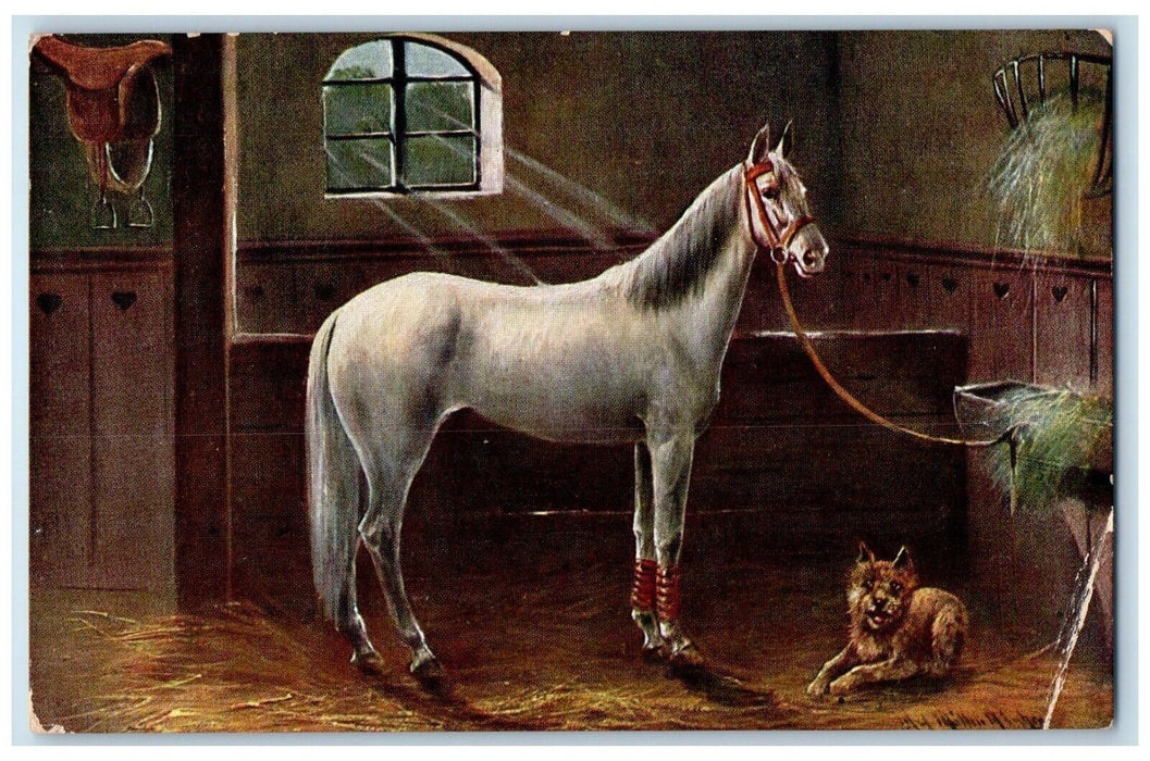 c1910's Horse And Dog In The Barn Grasses, Animals Unposted Antique Postcard