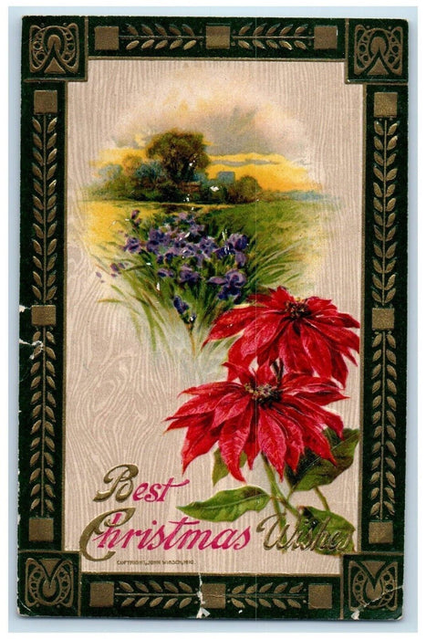 1910 Christmas Wishes Poinsettia Flowers John Winsch Artist Signed Postcard