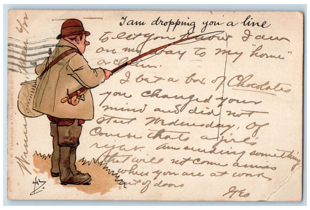 1905 Boy Fishing I am Dropping You A Line Write Away Winnipeg Canada Postcard