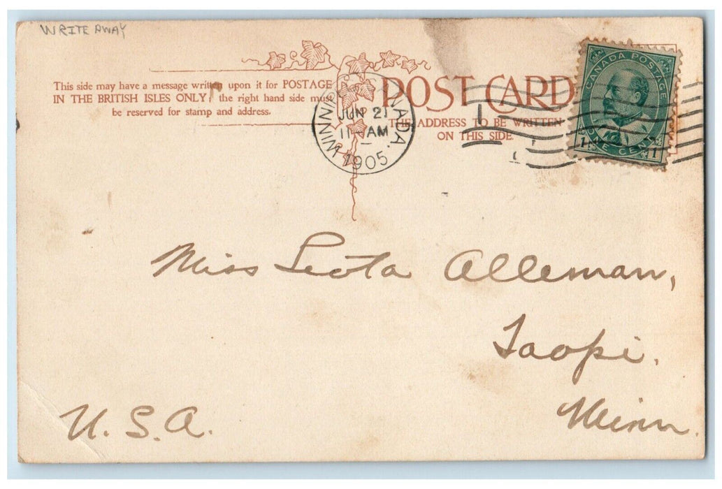 1905 Boy Fishing I am Dropping You A Line Write Away Winnipeg Canada Postcard