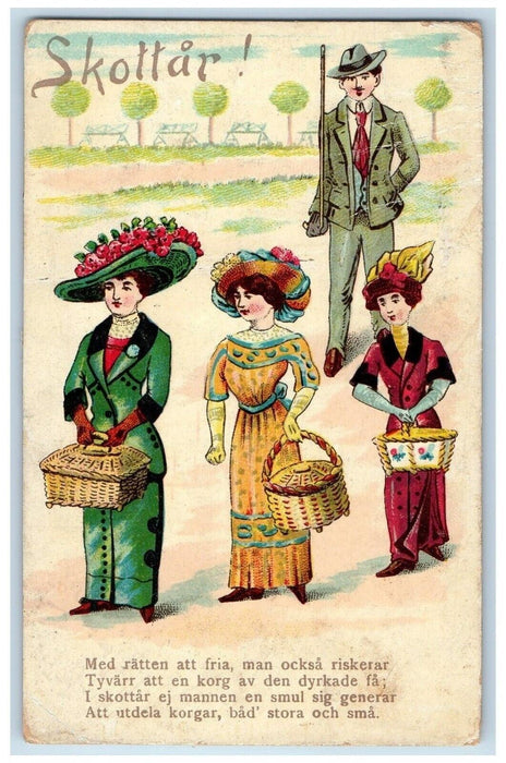 1912 Skottar Three Girls Holding Baskets Leap Year Romance Antique Postcard