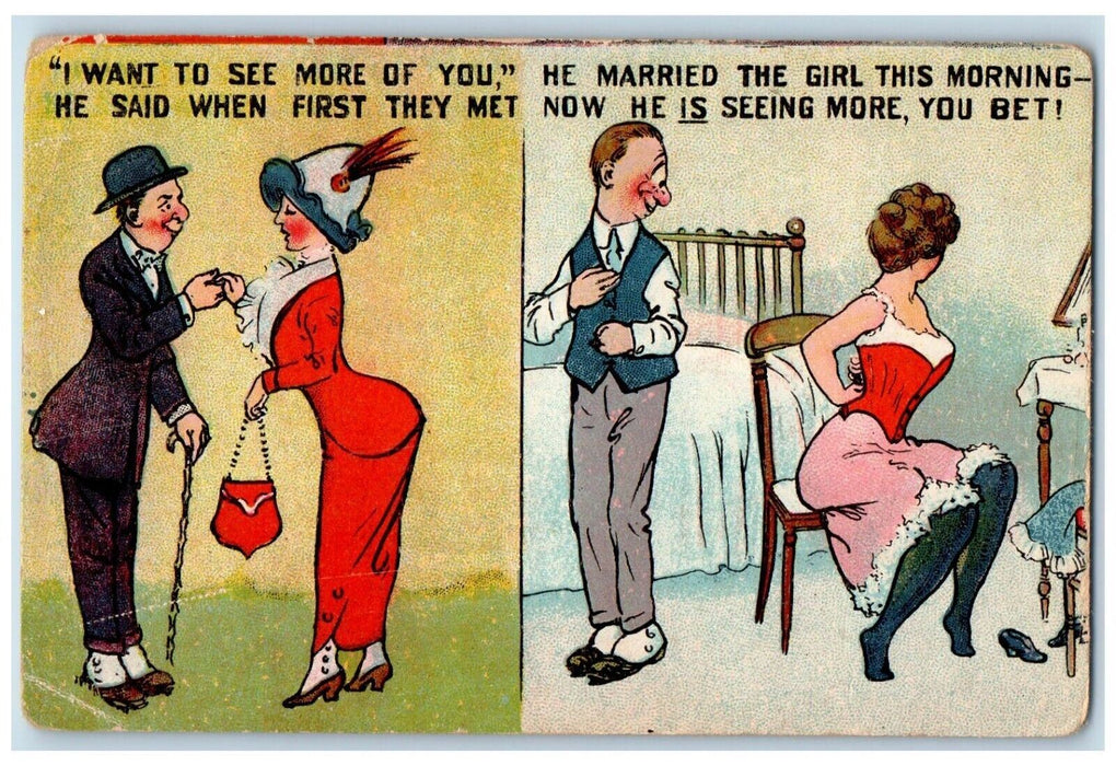 c1910's Couple Married Romance Humor, Dual View Unposted Antique Postcard
