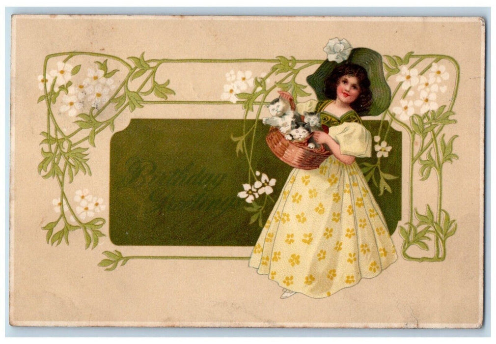 1910 Birthday Greetings Pretty Girl Kittens In Basket White Flowers Postcard