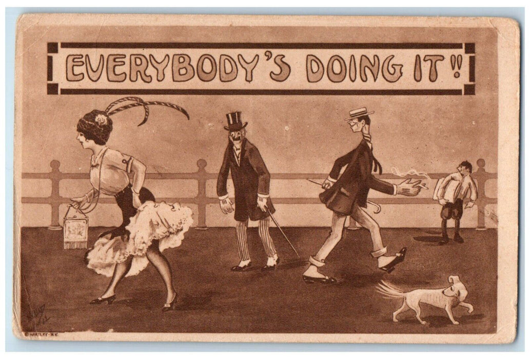 c1910's Everybody's Doing It Short Skirt Critique Dog Man Cigar Smoking Postcard