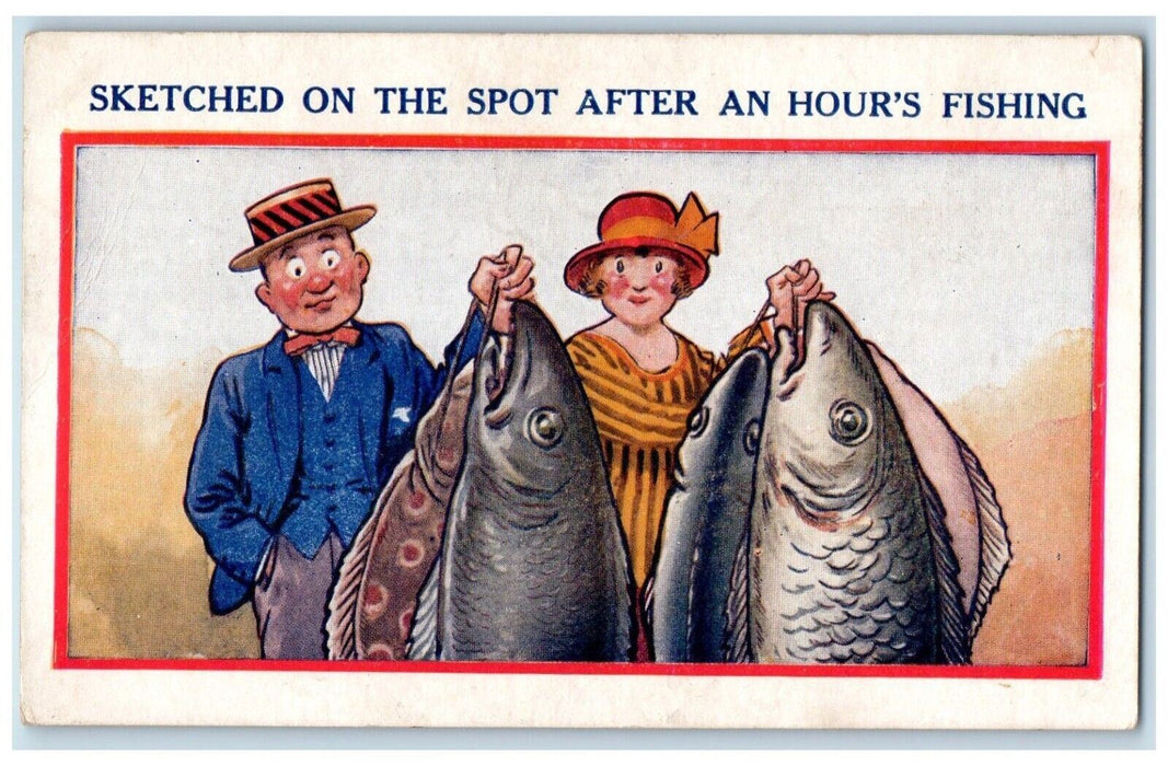c1910's Couple Caught Exaggerated Fish Fishing Humor Bamforth Antique Postcard