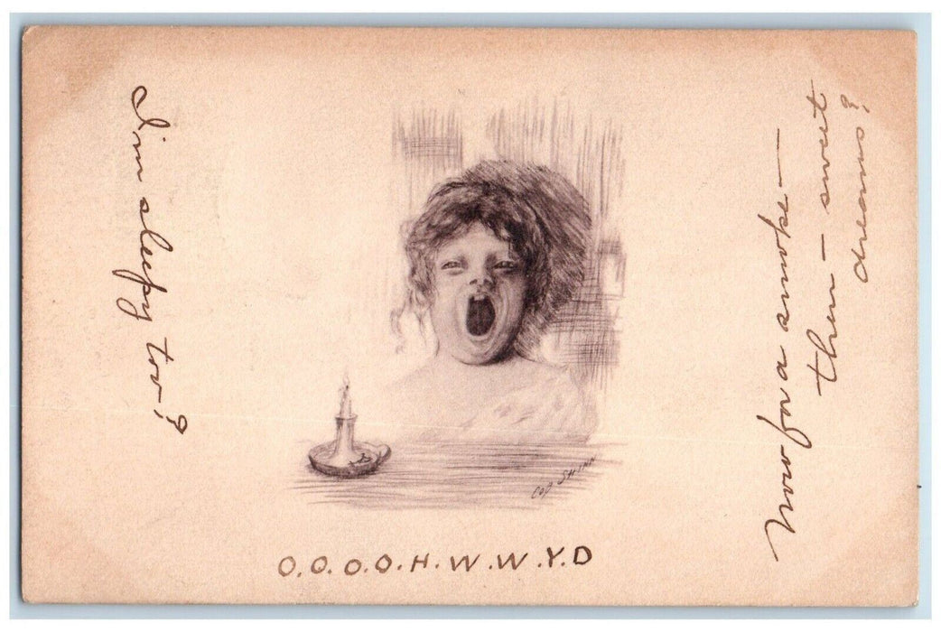 1909 Child Open Mouth Drawing Candle Shinn Columbiana Ohio OH Antique Postcard