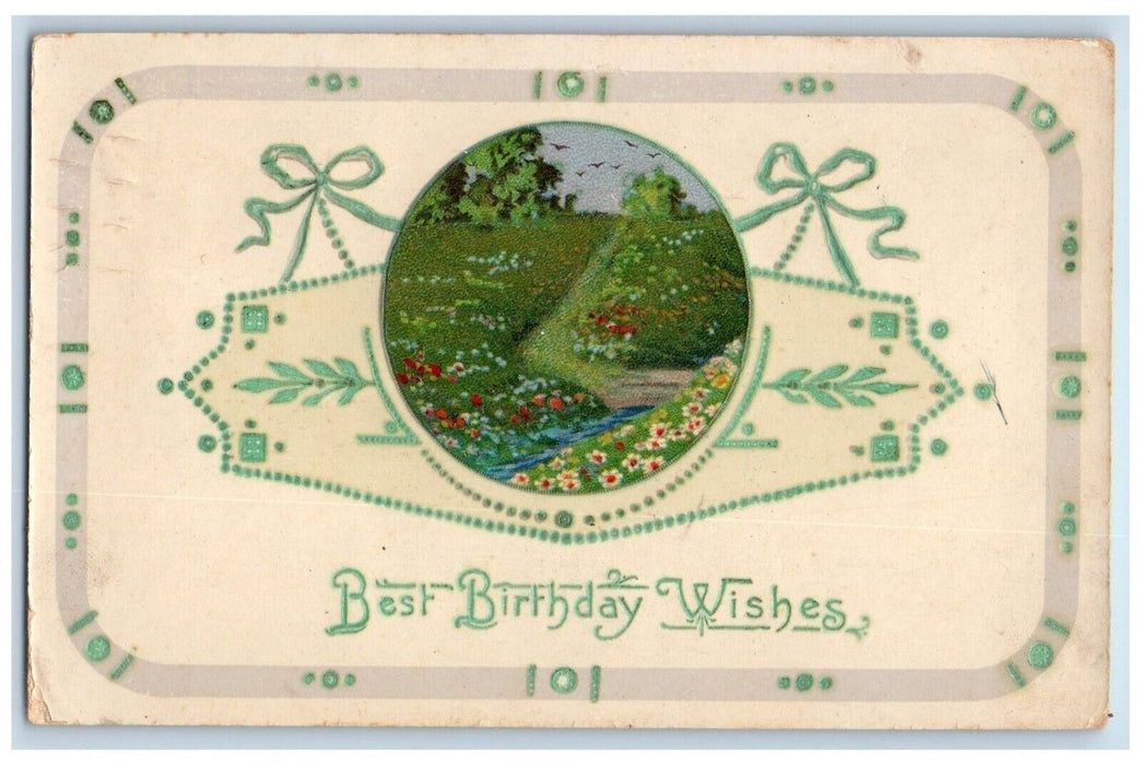 1915 Birthday Wishes Flowers Ribbon Gel Camden Maine ME Posted Antique Postcard