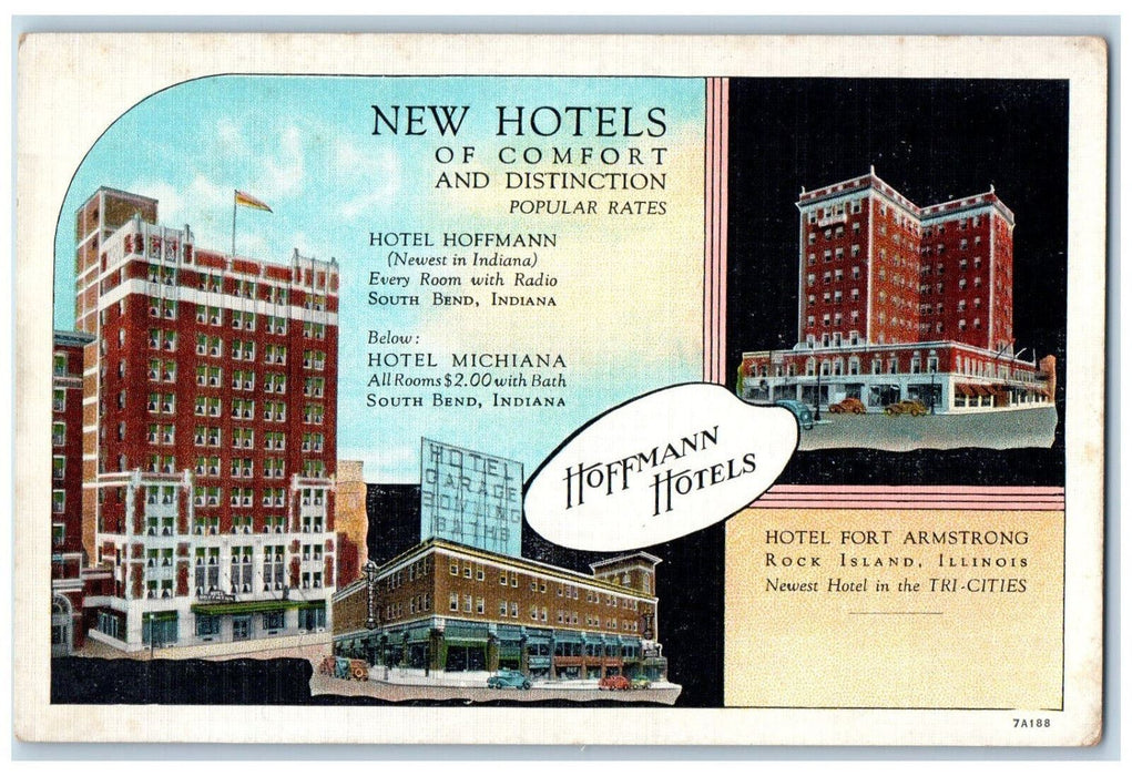 c1930's Hoffman Hotels in Tri Cities South Bend Indiana IN Multiview Postcard