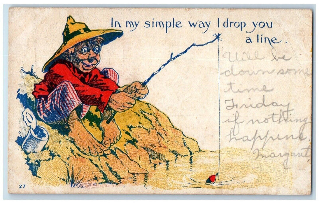 1907 Boy Fishing Caught Fish Can Bristol Connecticut CT Antique Postcard