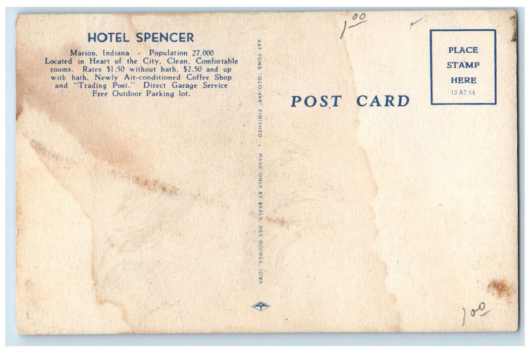 c1940's Front View Hotel Spencer Marion Indiana IN Vintage Unposted Postcard