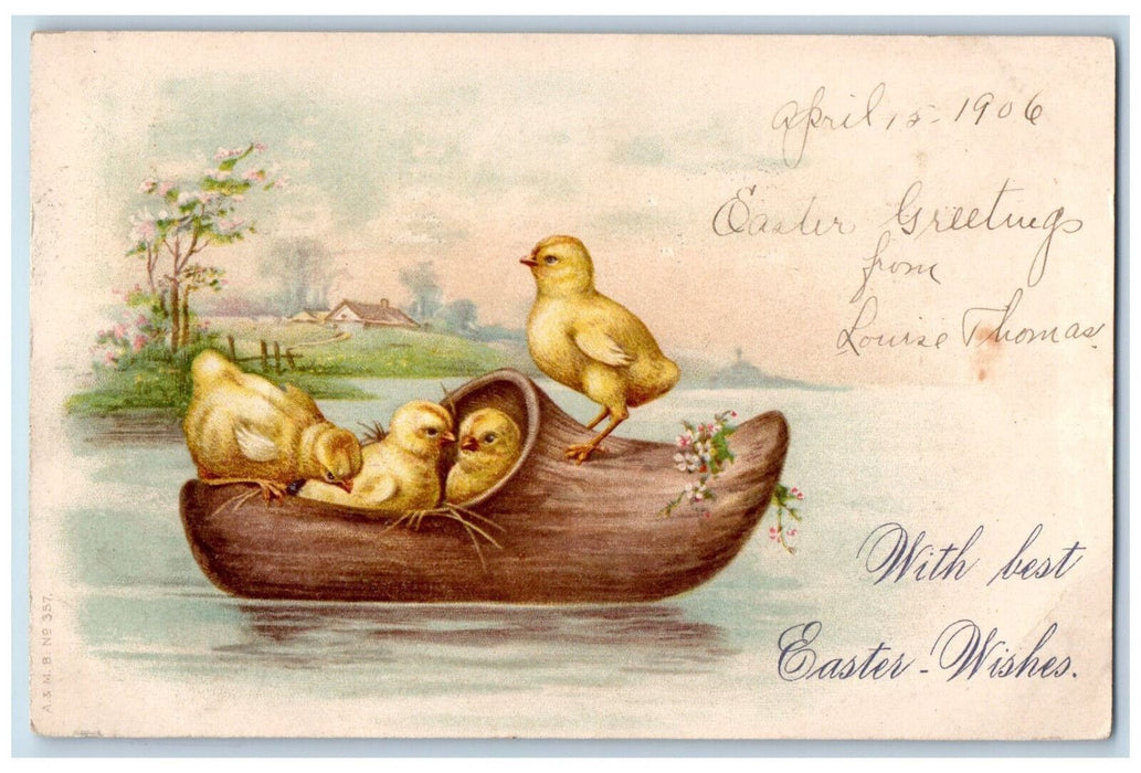 1906 Chicks on Wood Boat With Best Easter-Wishes Ludlow KY Posted Postcard