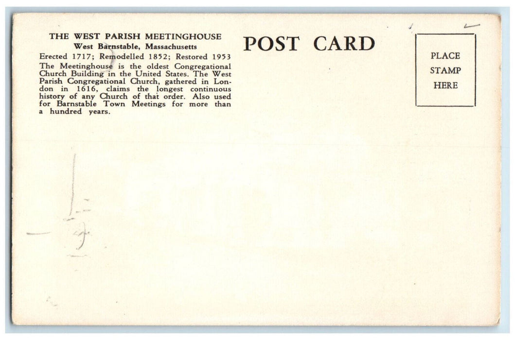 c1950's West Parish Meetinghouse West Barnstable Massachusetts MA Postcard