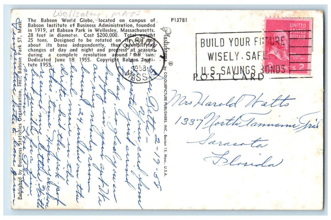 1958 The Babson World Globe Wellesley Massachusetts MA Posted Postcard