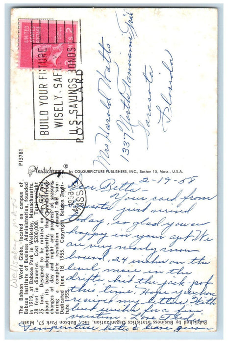1958 The Babson World Globe Wellesley Massachusetts MA Posted Postcard