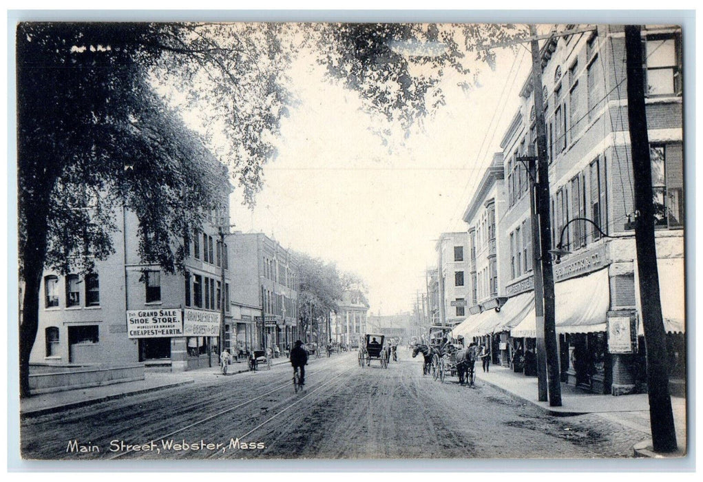 c1910 Shoe Store Horse Carriage Main Street Webster Massachusetts MA Postcard