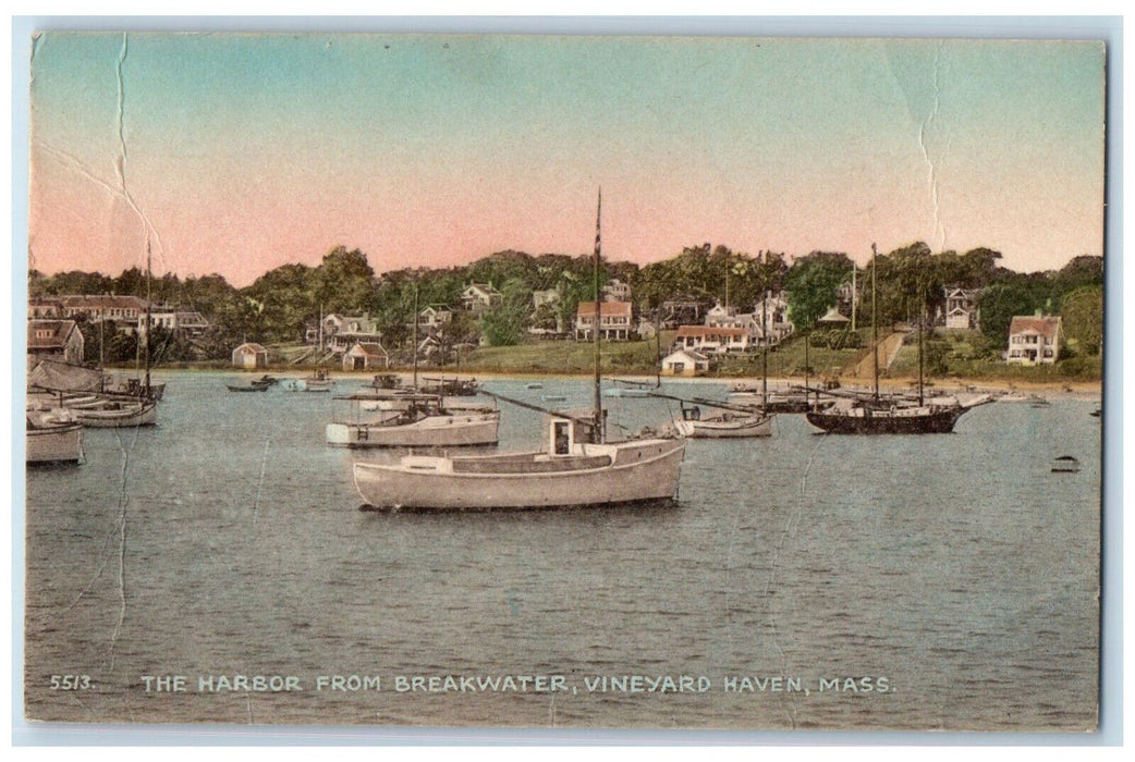1942 Boats at The Harbor Vineyard Haven Massachusetts MA Wesco Print Postcard