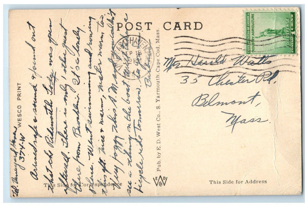 1942 Boats at The Harbor Vineyard Haven Massachusetts MA Wesco Print Postcard