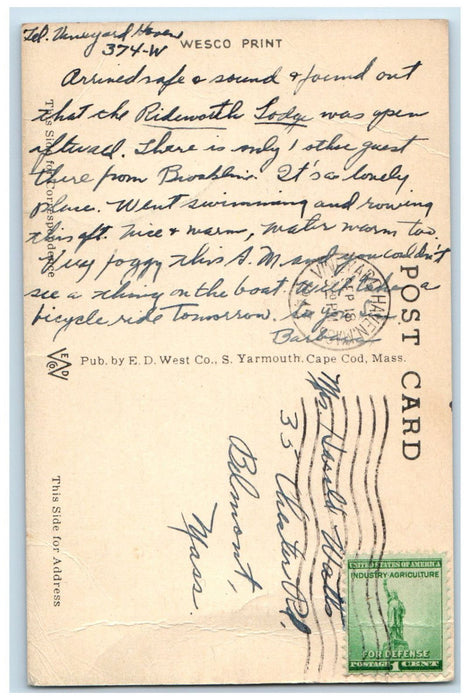 1942 Boats at The Harbor Vineyard Haven Massachusetts MA Wesco Print Postcard