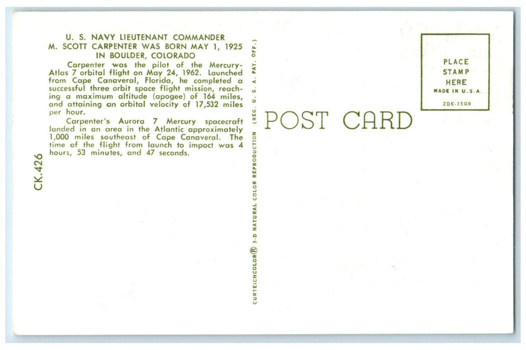 c1950's US Astronaut M. Scott Carpenter Boulder Colorado CO Postcard
