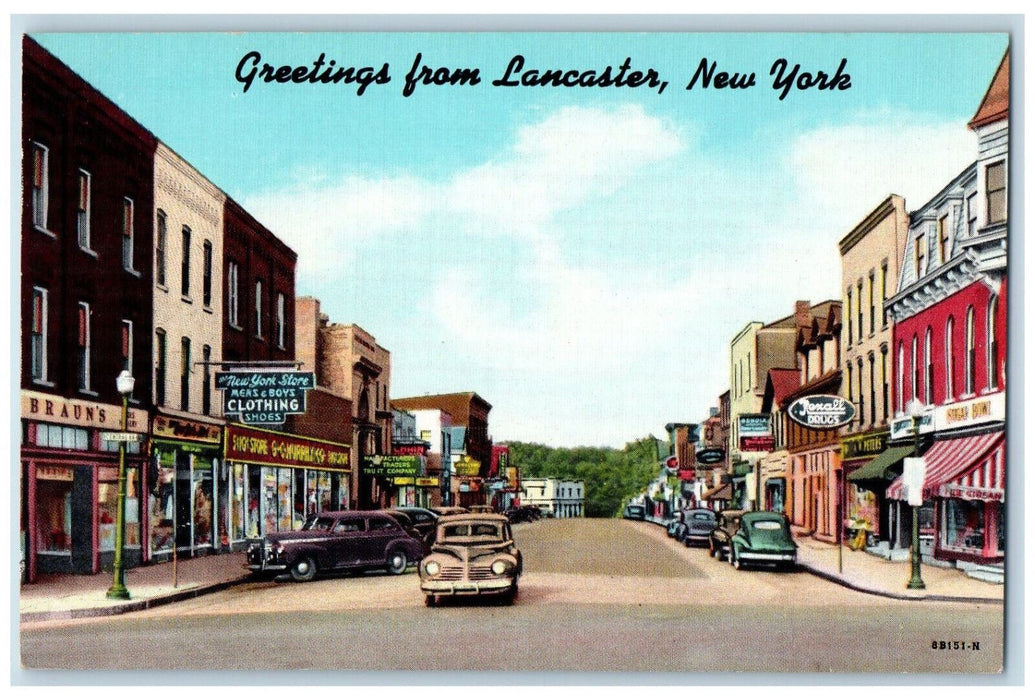 c1950's Clothing Shoes Brauns Rexall Greetings from Lancaster NY Postcard