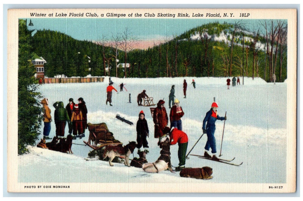 c1940's Skating Rink Skaters Dogs Winter at Lake Placid Club NY Postcard