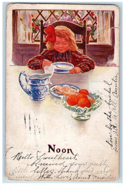 1907 Pretty Girl Red Ribbon Noon Tea Time Cleveland Ohio OH Antique Postcard