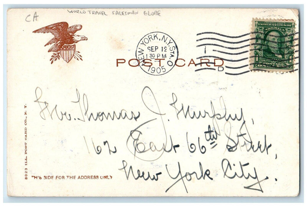 1905 World Travel Salesman Globe New York NY Posted Antique Postcard