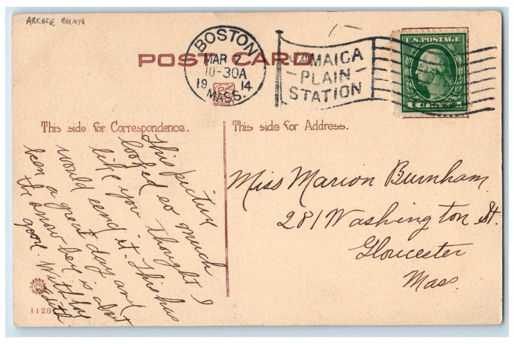 1914 Victorian Pretty Girl Archie Gunn Boston Massachusetts MA Antique Postcard