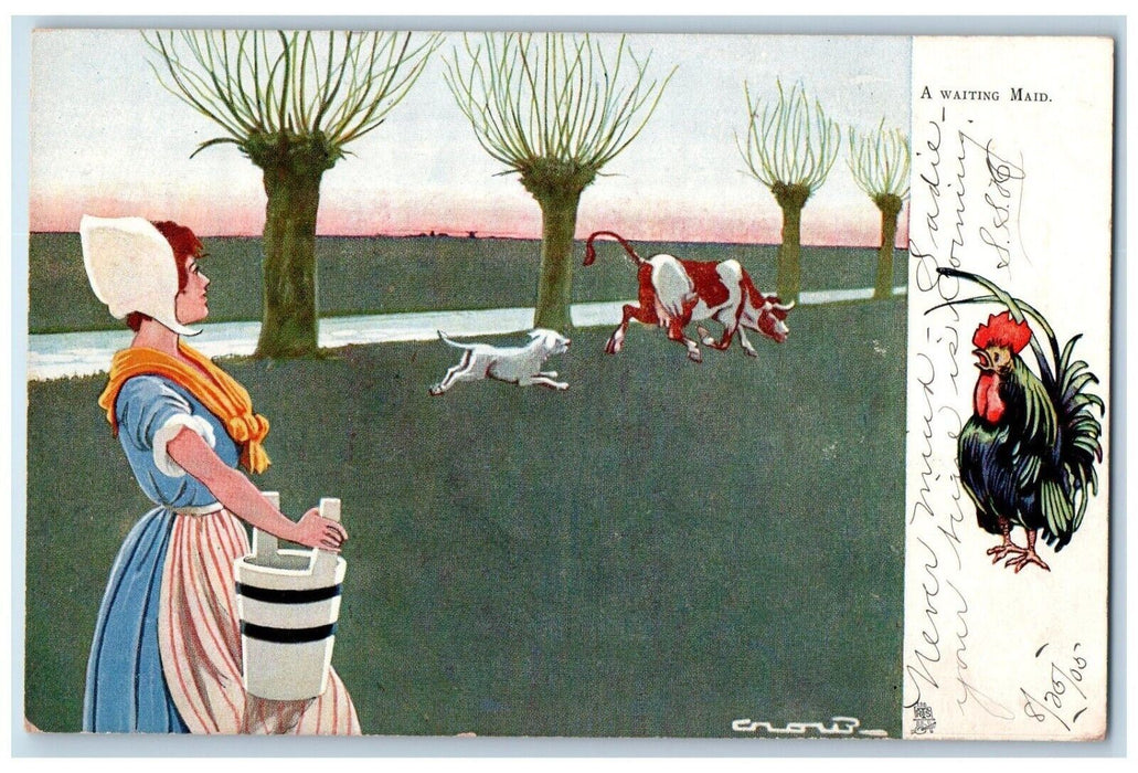 c1910's A Waiting Maid Cow Dog Rooster Oilette Tuck's, Animals Antique Postcard