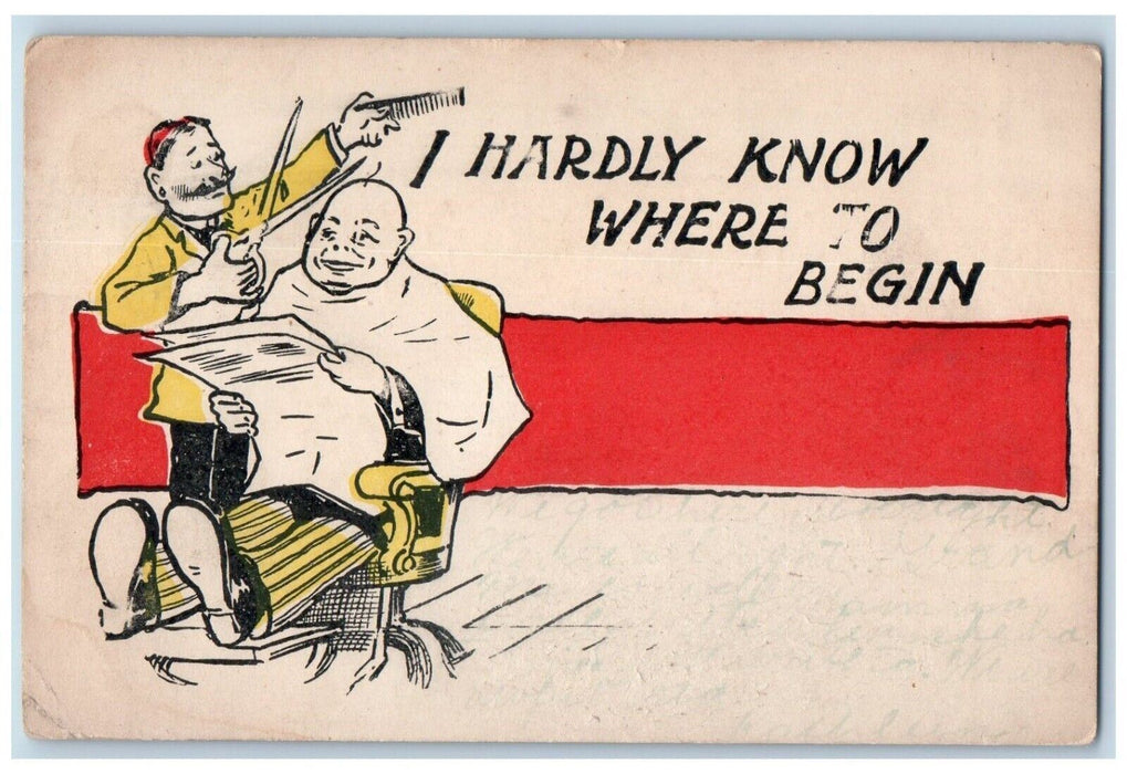 1907 Barber Shop Exaggerated Scissor I Hardly Know Where To Begin Postcard