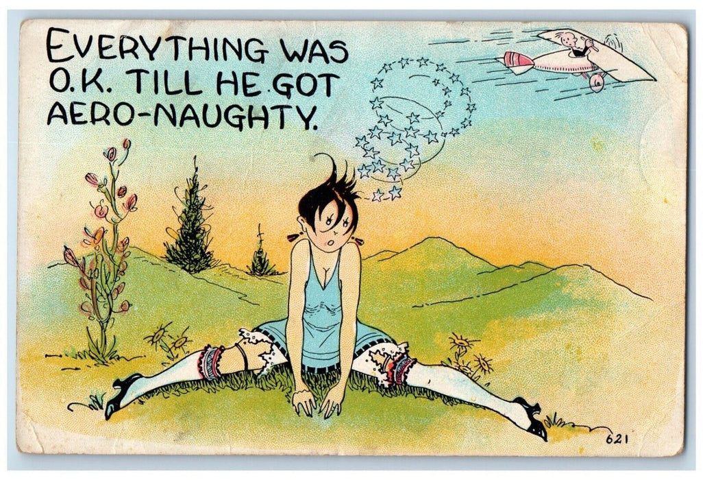 c1930's Dizzy Girl Aero Naughty High Socks Stars Risque Humor Postcard