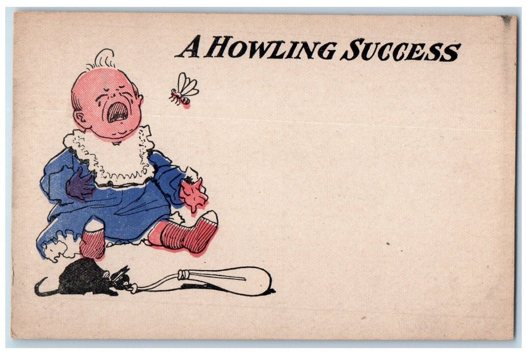c1910's Baby Crying Mouse Zip Milk Bottle Bee A Howling Success Antique Postcard