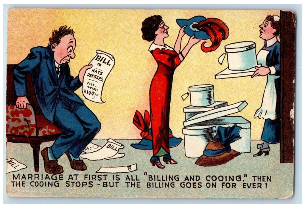 c1910's Couple Marriage Billing And Cooing Wife Shopping Antique Postcard
