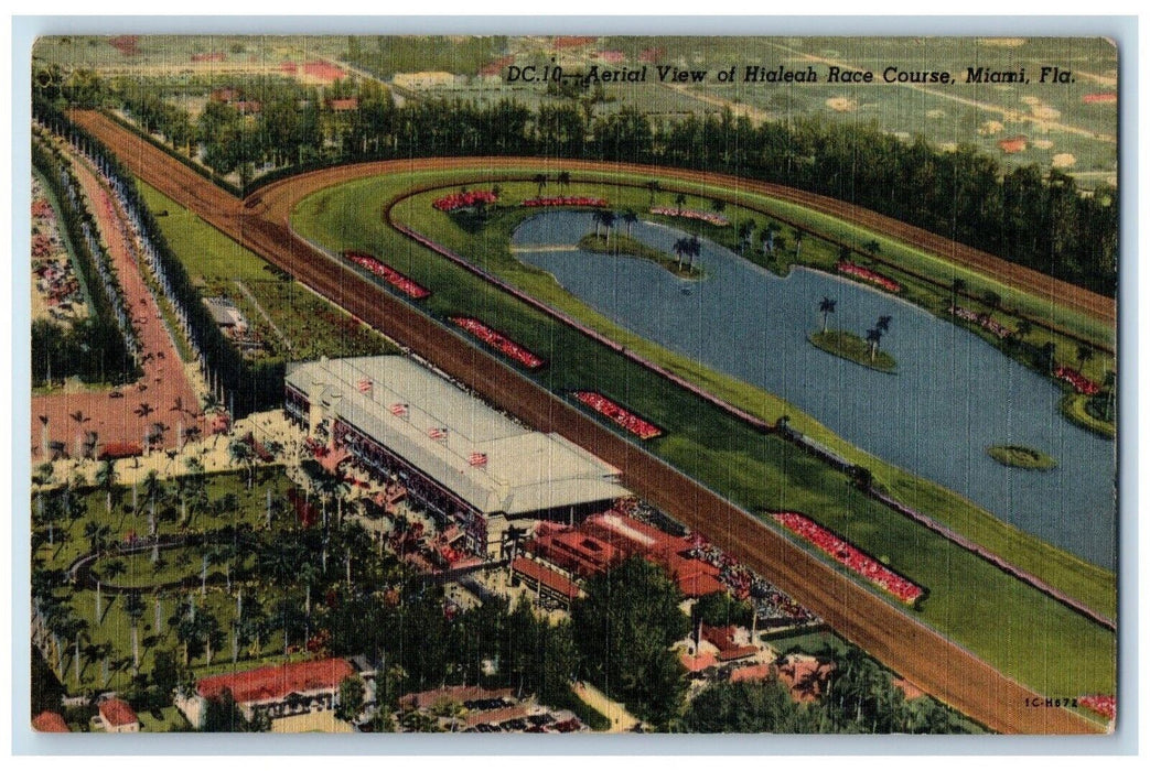 c1940 Aerial View Hialeah Race Course Horse Stadium Pond Miami Florida Postcard