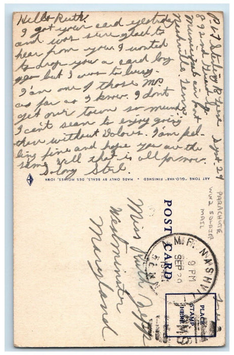 1942 Parachute Military Army WW2 Soldier Mail Nashville Tennessee TN Postcard